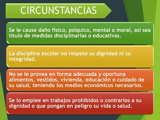 Se le cause daño físico, psíquico, mental o moral, así sea
título de medidas disciplinarias o educativas.
La disciplina escolar no respete su dignidad ni su
integridad.
No se le provea en forma adecuada y oportuna
alimentos, vestidos, vivienda, educación o cuidado de
su salud, teniendo los medios económicos necesarios.
Se lo emplee en trabajos prohibidos o contrarios a su
dignidad o que pongan en peligro su vida o salud.
CIRCUNSTANCIAS
 