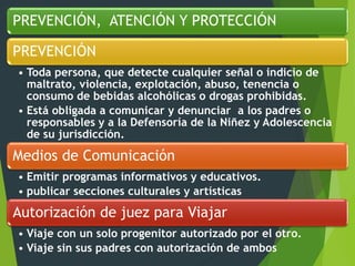 PREVENCIÓN, ATENCIÓN Y PROTECCIÓN
PREVENCIÓN
• Toda persona, que detecte cualquier señal o indicio de
maltrato, violencia, explotación, abuso, tenencia o
consumo de bebidas alcohólicas o drogas prohibidas.
• Está obligada a comunicar y denunciar a los padres o
responsables y a la Defensoría de la Niñez y Adolescencia
de su jurisdicción.
Medios de Comunicación
• Emitir programas informativos y educativos.
• publicar secciones culturales y artísticas
Autorización de juez para Viajar
• Viaje con un solo progenitor autorizado por el otro.
• Viaje sin sus padres con autorización de ambos
 