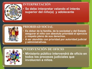 INTERPRETACIÓN
• Se debe interpretar velando el interés
superior del niño(a) y adolecente
PRIORIDAD SOCIAL
• Es deber de la familia, de la sociedad y del Estado
asegurar al niño con absoluta prioridad el ejercicio
y respeto pleno de sus derechos.
• A ser atendido con prioridad por autoridad judicial
y administrativas.
INTERVENCIÓN DE OFICIO
• Ministerio público intervendrá de oficio en
todos los procesos judiciales que
involucren a niños.
 