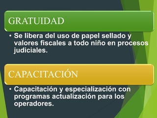 GRATUIDAD
• Se libera del uso de papel sellado y
valores fiscales a todo niño en procesos
judiciales.
CAPACITACIÓN
• Capacitación y especialización con
programas actualización para los
operadores.
 