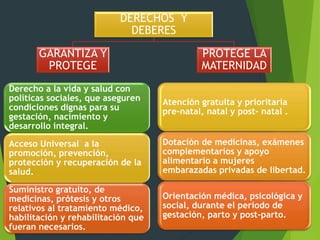 Derecho a la vida y salud con
políticas sociales, que aseguren
condiciones dignas para su
gestación, nacimiento y
desarrollo integral.
Acceso Universal a la
promoción, prevención,
protección y recuperación de la
salud.
Suministro gratuito, de
medicinas, prótesis y otros
relativos al tratamiento médico,
habilitación y rehabilitación que
fueran necesarios.
Atención gratuita y prioritaria
pre-natal, natal y post- natal .
Dotación de medicinas, exámenes
complementarios y apoyo
alimentario a mujeres
embarazadas privadas de libertad.
Orientación médica, psicológica y
social, durante el periodo de
gestación, parto y post-parto.
DERECHOS Y
DEBERES
GARANTIZA Y
PROTEGE
PROTEGE LA
MATERNIDAD
 
