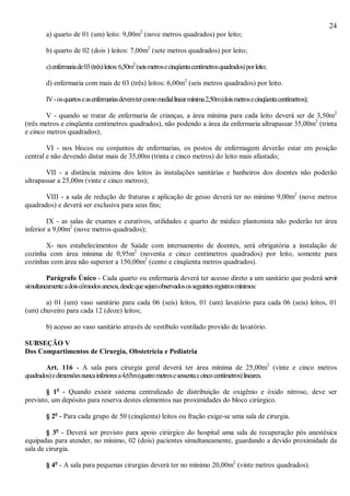 24
a) quarto de 01 (um) leito: 9,00m2
(nove metros quadrados) por leito;
b) quarto de 02 (dois ) leitos: 7,00m2
(sete metros quadrados) por leito;
c)enfermariade03(três)leitos:6,50m2
(seismetrosecinqüentacentímetrosquadrados)porleito;
d) enfermaria com mais de 03 (três) leitos: 6,00m2
(seis metros quadrados) por leito.
IV-osquartoseasenfermariasdevemtercomomediallinearmínima2,50m(doismetrosecinqüentacentímetros);
V - quando se tratar de enfermaria de crianças, a área mínima para cada leito deverá ser de 3,50m2
(três metros e cinqüenta centímetros quadrados), não podendo a área da enfermaria ultrapassar 35,00m2
(trinta
e cinco metros quadrados);
VI - nos blocos ou conjuntos de enfermarias, os postos de enfermagem deverão estar em posição
central e não devendo distar mais de 35,00m (trinta e cinco metros) do leito mais afastado;
VII - a distância máxima dos leitos às instalações sanitárias e banheiros dos doentes não poderão
ultrapassar a 25,00m (vinte e cinco metros);
VIII - a sala de redução de fraturas e aplicação de gesso deverá ter no mínimo 9,00m2
(nove metros
quadrados) e deverá ser exclusiva para seus fins;
IX - as salas de exames e curativos, utilidades e quarto de médico plantonista não poderão ter área
inferior a 9,00m2
(nove metros quadrados);
X- nos estabelecimentos de Saúde com internamento de doentes, será obrigatória a instalação de
cozinha com área mínima de 0,95m2
(noventa e cinco centímetros quadrados) por leito, somente para
cozinhas com área não superior a 150,00m2
(cento e cinqüenta metros quadrados).
Parágrafo Único - Cada quarto ou enfermaria deverá ter acesso direto a um sanitário que poderá servir
simultaneamenteadoiscômodosanexos,desdequesejamobservadososseguintesregistrosmínimos:
a) 01 (um) vaso sanitário para cada 06 (seis) leitos, 01 (um) lavatório para cada 06 (seis) leitos, 01
(um) chuveiro para cada 12 (doze) leitos;
b) acesso ao vaso sanitário através de vestíbulo ventilado provido de lavatório.
SUBSEÇÃO V
Dos Compartimentos de Cirurgia, Obstetrícia e Pediatria
Art. 116 - A sala para cirurgia geral deverá ter área mínima de 25,00m2
(vinte e cinco metros
quadrados)edimensõesnuncainferioresa4,65m(quatrometrosesessentaecincocentímetros)lineares.
§ 1o
- Quando existir sistema centralizado de distribuição de oxigênio e óxido nitroso, deve ser
previsto, um depósito para reserva destes elementos nas proximidades do bloco cirúrgico.
§ 2o
- Para cada grupo de 50 (cinqüenta) leitos ou fração exige-se uma sala de cirurgia.
§ 3o
- Deverá ser previsto para apoio cirúrgico do hospital uma sala de recuperação pós anestésica
equipadas para atender, no mínimo, 02 (dois) pacientes simultaneamente, guardando a devido proximidade da
sala de cirurgia.
§ 4o
- A sala para pequenas cirurgias deverá ter no mínimo 20,00m2
(vinte metros quadrados).
 