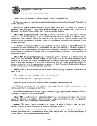 CÓDIGO PENAL FEDERAL
             CÁMARA DE DIPUTADOS DEL H. CONGRESO DE LA UNIÓN                             Última Reforma DOF 24-10-2011
             Secretaría General
             Secretaría de Servicios Parlamentarios
             Dirección General de Servicios de Documentación, Información y Análisis




   I.- Abolir o reformar la Constitución Política de los Estados Unidos Mexicanos;

   II.- Reformar, destruir o impedir la integración de las instituciones constitucionales de la Federación, o
su libre ejercicio; y

  III.- Separar o impedir el desempeño de su cargo a alguno de los altos funcionarios de la Federación
mencionados en el artículo 2o. de la Ley de Responsabilidades de los Funcionarios y Empleados de la
Federación, del Distrito Federal y de los Altos Funcionarios de los Estados.

   Artículo 133.- Las penas señaladas en el artículo anterior se aplicarán al que residiendo en territorio
ocupado por el Gobierno Federal, y sin mediar coacción física o moral, proporcione a los rebeldes, armas,
municiones, dinero, víveres, medios de transporte o de comunicación o impida que las tropas del
Gobierno reciban estos auxilios. Si residiere en territorio ocupado por los rebeldes, la prisión será de seis
meses a cinco años.

   Al funcionario o empleado público de los Gobiernos Federal o Estatales, o de los Municipios, de
organismos públicos descentralizados, de empresas de participación estatal, o de servicios públicos,
federales o locales, que teniendo por razón de su cargo documentos o informes de interés estratégico, los
proporcione a los rebeldes, se le aplicará pena de cinco a cuarenta años de prisión y multa de cinco mil a
cincuenta mil pesos.

   Artículo 134.- Se aplicará la pena de dos a veinte años de prisión y multa de cinco mil a cincuenta mil
pesos a los que, no siendo militares en ejercicio, con violencia y uso de armas, atenten contra el
Gobierno de alguno de los Estados de la Federación, contra sus instituciones constitucionales o para
lograr la separación de su cargo de alguno de los altos funcionarios del Estado, cuando interviniendo los
Poderes de la Unión en la forma prescrita por el artículo 122 de la Constitución Política de los Estados
Unidos Mexicanos, los rebeldes no depongan las armas.

   Artículo 135.- Se aplicará la pena de uno a veinte años de prisión y multa hasta de cincuenta mil
pesos al que:

   I.- En cualquier forma o por cualquier medio invite a una rebelión;

   II.- Residiendo en territorio ocupado por el Gobierno:

   a) Oculte o auxilie a los espías o exploradores de los rebeldes, sabiendo que lo son;

   b) Mantenga relaciones con los rebeldes, para proporcionarles noticias concernientes a las
operaciones militares u otras que les sean útiles.

   III.- Voluntariamente sirva un empleo, cargo o comisión en lugar ocupado por los rebeldes, salvo que
actué coaccionado o por razones humanitarias.

   Artículo 136.- A los funcionarios o agentes del Gobierno y a los rebeldes que después del combate
causen directamente o por medio de órdenes, la muerte a los prisioneros, se les aplicará pena de prisión
de quince a treinta años y multa de diez mil a veinte mil pesos.

   Artículo 137.- Cuando durante una rebelión se cometan los delitos de homicidio, robo, secuestro,
despojo, incendio, saqueo u otros delitos, se aplicarán las reglas del concurso.

   Los rebeldes no serán responsables de los homicidios ni de las lesiones inferidas en el acto de un
combate, pero de los que se causen fuera del mismo, serán responsables tanto el que los manda como el
que los permita y los que inmediatamente los ejecuten.


                                                                             31 de 165
 