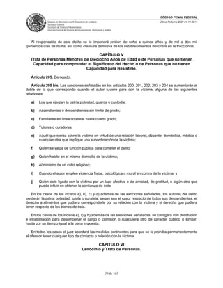 CÓDIGO PENAL FEDERAL
             CÁMARA DE DIPUTADOS DEL H. CONGRESO DE LA UNIÓN                             Última Reforma DOF 24-10-2011
             Secretaría General
             Secretaría de Servicios Parlamentarios
             Dirección General de Servicios de Documentación, Información y Análisis




   Al responsable de este delito se le impondrá prisión de ocho a quince años y de mil a dos mil
quinientos días de multa, así como clausura definitiva de los establecimientos descritos en la fracción III.

                                    CAPÍTULO V
  Trata de Personas Menores de Dieciocho Años de Edad o de Personas que no tienen
   Capacidad para comprender el Significado del Hecho o de Personas que no tienen
                             Capacidad para Resistirlo.

   Artículo 205. Derogado.

    Artículo 205 bis. Las sanciones señaladas en los artículos 200, 201, 202, 203 y 204 se aumentarán al
doble de la que corresponda cuando el autor tuviere para con la víctima, alguna de las siguientes
relaciones:

   a)   Los que ejerzan la patria potestad, guarda o custodia;

   b)   Ascendientes o descendientes sin límite de grado;

   c)   Familiares en línea colateral hasta cuarto grado;

   d)   Tutores o curadores;

   e)   Aquél que ejerza sobre la víctima en virtud de una relación laboral, docente, doméstica, médica o
        cualquier otra que implique una subordinación de la víctima;

   f)   Quien se valga de función pública para cometer el delito;

   g)   Quien habite en el mismo domicilio de la víctima;

   h)   Al ministro de un culto religioso;

   i)   Cuando el autor emplee violencia física, psicológica o moral en contra de la víctima; y

   j)   Quien esté ligado con la víctima por un lazo afectivo o de amistad, de gratitud, o algún otro que
        pueda influir en obtener la confianza de ésta.

   En los casos de los incisos a), b), c) y d) además de las sanciones señaladas, los autores del delito
perderán la patria potestad, tutela o curatela, según sea el caso, respecto de todos sus descendientes, el
derecho a alimentos que pudiera corresponderle por su relación con la víctima y el derecho que pudiera
tener respecto de los bienes de ésta.

   En los casos de los incisos e), f) y h) además de las sanciones señaladas, se castigará con destitución
e inhabilitación para desempeñar el cargo o comisión o cualquiera otro de carácter público o similar,
hasta por un tiempo igual a la pena impuesta.

    En todos los casos el juez acordará las medidas pertinentes para que se le prohíba permanentemente
al ofensor tener cualquier tipo de contacto o relación con la víctima.

                                                           CAPITULO VI
                                                   Lenocinio y Trata de Personas.




                                                                             50 de 165
 