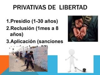 PRIVATIVAS DE LIBERTAD
1.Presidio (1-30 años)
2.Reclusión (1mes a 8
años)
3.Aplicación (sanciones
según el art. 37)
 