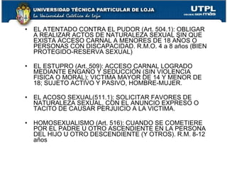 •   EL ATENTADO CONTRA EL PUDOR (Art. 504.1): OBLIGAR
    A REALIZAR ACTOS DE NATURALEZA SEXUAL SIN QUE
    EXISTA ACCESO CARNAL A MENORES DE 18 AÑOS O
    PERSONAS CON DISCAPACIDAD. R.M.O. 4 a 8 años (BIEN
    PROTEGIDO-RESERVA SEXUAL)

•   EL ESTUPRO (Art. 509): ACCESO CARNAL LOGRADO
    MEDIANTE ENGAÑO Y SEDUCCIÓN (SIN VIOLENCIA
    FISICA O MORAL); VICTIMA MAYOR DE 14 Y MENOR DE
    18; SUJETO ACTIVO Y PASIVO, HOMBRE-MUJER.

•   EL ACOSO SEXUAL(511.1): SOLICITAR FAVORES DE
    NATURALEZA SEXUAL, CON EL ANUNCIO EXPRESO O
    TACITO DE CAUSAR PERJUICIO A LA VICTIMA.

•   HOMOSEXUALISMO (Art. 516): CUANDO SE COMETIERE
    POR EL PADRE U OTRO ASCENDIENTE EN LA PERSONA
    DEL HIJO U OTRO DESCENDIENTE (Y OTROS). R.M. 8-12
    años
 