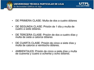 •   DE PRIMERA CLASE: Multa de dos a cuatro dólares

•   DE SEGUNDA CLASE: Prisión de 1 día y multa de
    cuatro a siete dólares.

•   DE TERCERA CLASE: Prisión de dos a cuatro días y
    multa de siete a catorce dólares

•   DE CUARTA CLASE: Prisión de cinco a siete días y
    multa de catorce a veintiocho dólares.

•   AMBIENTALES: Prisión de cinco a siete días y multa
    de cuarenta y cuatro a ochenta y ocho dólares.
 