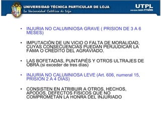 •   INJURIA NO CALUMNIOSA GRAVE ( PRISION DE 3 A 6
    MESES)

•   IMPUTACIÓN DE UN VICIO O FALTA DE MORALIDAD,
    CUYAS CONSECUENCIAS PUEDAN PERJUDICAR LA
    FAMA O CRÉDITO DEL AGRAVIADO.

•   LAS BOFETADAS, PUNTAPIÉS Y OTROS ULTRAJES DE
    OBRA.(si exceder de tres días)

•   INJURIA NO CALUMNIOSA LEVE (Art. 606, numeral 15,
    PRISION 2 A 4 DIAS)

•   CONSISTEN EN ATRIBUIR A OTROS, HECHOS,
    APODOS, DEFECTOS FÍSICOS QUE NO
    COMPROMETAN LA HONRA DEL INJURIADO
 