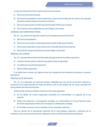 219
CÓDIGO PROCESAL PENAL
La Sala de lo Penal de la Corte Suprema de Justicia conocerá:
a) Del recurso de casación penal.
b) Del recurso de apelación contra sentencias y autos pronunciados por las cámaras de segunda
instancia cuando conozcan en primera instancia.
c) Del recurso de revisión cuando haya pronunciado el fallo que lo motiva.
d) De los demás casos establecidos en este Código y otras leyes.
CÁMARAS CON COMPETENCIA PENAL
Art. 51.- Las cámaras de segunda instancia con competencia penal conocerán:
a) Del recurso de apelación.
b) Del recurso de revisión cuando hayan pronunciado el fallo que lo motiva.
c) De los casos especiales en que actúan como tribunales de primera instancia.
d) De los demás asuntos que determine este Código y otras leyes.
TRIBUNAL DEL JURADO
Art. 52.- Corresponderá al tribunal del jurado el juzgamiento de los delitos siguientes:
a) Lesiones, lesiones graves, lesiones muy graves, lesiones agravadas.
b) Los relativos a la autonomía personal.
c) Daños y daños agravados.
Si el delito fuere conexo con alguno de los de competencia del tribunal de sentencia, conocerá
este último.
TRIBUNALES DE SENTENCIA
Art. 53.- Los tribunales de sentencia estarán integrados por tres jueces de primera instancia y
conocerán de la etapa plenaria de todos los delitos y de la vista pública de las causas excluidas del
conocimiento del tribunal del jurado:
El tribunal de sentencia en pleno conocerá en los casos siguientes:
a) De los delitos de crimen organizado cometidos con anterioridad a la vigencia de la ley
especial.
b) Delitos de realización o investigación compleja, no comprendidos en la Ley Especial contra
el Crimen Organizado y Delitos de Investigación o Realización Compleja.
c) En los delitos conexos con los señalados en los numerales anteriores.
Para los efectos de la tramitación, dirección de la vista pública, redacción y ponencia de la
sentencia, en los casos de conocimiento colegiado, se hará la distribución de forma equitativa.
 