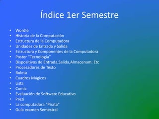 Índice 1er Semestre
• Wordle
• Historia de la Computación
• Estructura de la Computadora
• Unidades de Entrada y Salida
• Estructura y Componentes de la Computadora
• Poster “Tecnología”
• Dispositivos de Entrada,Salida,Almacenam. Etc
• Procesadores de Texto
• Boleta
• Cuadros Mágicos
• Lista
• Comic
• Evaluación de Softwate Educativo
• Prezi
• La computadora “Pirata”
• Guía examen Semestral
 