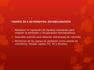 TIEMPO 20 A 60 MINUTOS. ESTABILIZACIÓN
1. Mantener la reposición de líquidos necesarios para
mejorar la perfusión y recuperación hemodinámica.
2. Auscultar pulmón para detectar sobrecarga de volumen.
3. Monitoreo de los signos de perfusión como estado de
conciencia, llenado capilar, FC, TA y diuresis.
 