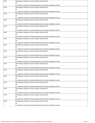A183 Demasiadas unidades de control montadas: electrónica 83
O
La unidad de control 83 no está parametrizada en la lista de unidades de control.
A184 Demasiadas unidades de control montadas: electrónica 84
O
La unidad de control 84 no está parametrizada en la lista de unidades de control.
A185 Demasiadas unidades de control montadas: electrónica 85
O
La unidad de control 85 no está parametrizada en la lista de unidades de control.
A186 Demasiadas unidades de control montadas: electrónica 86
O
La unidad de control 86 no está parametrizada en la lista de unidades de control.
A187 Demasiadas unidades de control montadas: electrónica 87
O
La unidad de control 87 no está parametrizada en la lista de unidades de control.
A188 Demasiadas unidades de control montadas: electrónica 88
O
La unidad de control 88 no está parametrizada en la lista de unidades de control.
A189 Demasiadas unidades de control montadas: electrónica 89
O
La unidad de control 89 no está parametrizada en la lista de unidades de control.
A190 Demasiadas unidades de control montadas: electrónica 90
O
La unidad de control 90 no está parametrizada en la lista de unidades de control.
A191 Demasiadas unidades de control montadas: electrónica 91
O
La unidad de control 91 no está parametrizada en la lista de unidades de control.
A192 Demasiadas unidades de control montadas: electrónica 92
O
La unidad de control 92 no está parametrizada en la lista de unidades de control.
A193 Demasiadas unidades de control montadas: electrónica 93
O
La unidad de control 93 no está parametrizada en la lista de unidades de control.
A194 Demasiadas unidades de control montadas: electrónica 94
O
La unidad de control 94 no está parametrizada en la lista de unidades de control.
A195 Demasiadas unidades de control montadas: electrónica 95
O
La unidad de control 95 no está parametrizada en la lista de unidades de control.
A196 Demasiadas unidades de control montadas: electrónica 96
O
La unidad de control 96 no está parametrizada en la lista de unidades de control.
A197 Demasiadas unidades de control montadas: electrónica 97
O
La unidad de control 97 no está parametrizada en la lista de unidades de control.
A198 Demasiadas unidades de control montadas: electrónica 98
O
La unidad de control 98 no está parametrizada en la lista de unidades de control.
A199 Demasiadas unidades de control montadas: electrónica 99
O
La unidad de control 99 no está parametrizada en la lista de unidades de control.
Copyright DaimlerChrysler AG 06.09.2006 CD-Ausgabe G/08/06 . Esta impresión del WIS no es registrada por el servicio de modificaciones. Página 10
 