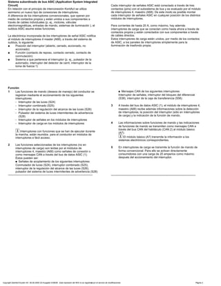 Sistema subordinado de bus ASIC (Application System Integrated
Circuit)
En relación con el principio de interconexión KontAct se utiliza
asimismo un nuevo tipo de conexiones de interruptores.
A diferencia de los interruptores convencionales, que operan por
medio de contactos propios y están unidos a sus componentes a
través de cables individuales (p, ej., motores, válvulas
electromagnéticas, entradas de mando, sistemas de iluminación ), el
subbús ASIC asume estas funciones.
La electrónica incorporada de los interruptores de señal ASIC notifica
al módulo de interruptores 4 master (A68), a través del sistema de
subbús, lo siguiente:
a Posición del interruptor (abierto, cerrado, accionado, no
accionado)
a Función (contacto de reposo, contacto cerrado, contacto de
conmutación)
a Sistema a que pertenece el interruptor (p. ej., pulsador de la
autorradio, interruptor del detector de carril, interruptor de la
toma de fuerza 1)
-----------------------------------------------------------------------------------------
Cada interruptor de señales ASIC está conectado a través de tres
contactos (pins) con el subsistema de bus y es evaluado por el módulo
de interruptores 4, maestro (A68). De este modo es posible montar
cada interruptor de señales ASIC en cualquier posición de los distintos
módulos de interruptores.
Para corrientes de hasta 20 A, como máximo, hay además
interruptores de carga que se conectan como hasta ahora a través de
contactos propios y están conectados con sus componentes a través
de cables directos.
Estos interruptores de carga están unidos, por medio de los contactos
de ASIC, a los paneles de interruptores simplemente para la
iluminación de trasfondo propia.
-----------------------------------------------------------------------------------------
Función
1 Las funciones de mando (deseos de manejo) del conductor se
registran mediante el accionamiento de los siguientes
interruptores:
- Interruptor de las luces (S24)
- Interruptor combinado (S25)
- Interruptor de la regulación del alcance de las luces (S26)
- Pulsador del sistema de luces intermitentes de advertencia
(S28)
- Interruptor de señales en los módulos de interruptores
- Interruptor de carga en los módulos de interruptores
i Interruptores con funciones que se han de ejecutar durante
la marcha, están reunidos para el conductor en módulos de
interruptores e fácil acceso.
2 Las funciones seleccionadas de los interruptores (no en
interruptores de carga) son leídas por el módulos de
interruptores 4, maestro (A68) como señales de conexión o
como mensajes CAN a través del bus de datos ASIC (1).
Éstos pueden ser:
a Señales de acoplamiento de los siguientes interruptores:
Conmutador de luces (S24), interruptor combinado (S25),
interruptor de la regulación del alcance de las luces (S26),
pulsador del sistema de luces intermitentes de advertencia (S28)
-----------------------------------------------------------------------------------------
a Mensajes CAN de los siguientes interruptores:
Interruptor de señales, interruptor del bloqueo del diferencial
(S38), interruptor de la caja de transferencia (S56)
3 A través del bus de datos ASIC (1), el módulo de interruptores 4,
maestro (A68) recibe además informaciones sobre la detección
de interruptores, la posición del interruptor (sólo en interruptores
de carga) y la indicación de la función de mando.
4 Las informaciones sobre funciones de mando y las indicaciones
de funciones de mando se transmiten como mensajes CAN a
través del bus CAN del habitáculo (CAN 2) al módulo básico
(A7).
i El módulo básico (A7) transmite la información a los
sistemas electrónicos correspondientes.
5 En interruptores de carga se transmite la función de mando de
forma convencional. Para ello se activan directamente
consumidores con una carga de 20 amperios como máximo
después del accionamiento del interruptor.
-----------------------------------------------------------------------------------------
Copyright DaimlerChrysler AG 06.09.2006 CD-Ausgabe G/08/06 . Esta impresión del WIS no es registrada por el servicio de modificaciones. Página 2
 