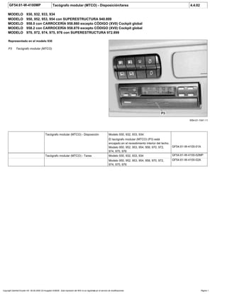 GF54.61-W-4100MP Tacógrafo modular (MTCO) - Disposición/tarea 4.4.02
MODELO 930, 932, 933, 934
MODELO 950, 952, 953, 954 con SUPERESTRUCTURA 940.899
MODELO 958.0 con CARROCERÍA 958.860 excepto CÓDIGO (XV0) Cockpit global
MODELO 958.2 con CARROCERÍA 958.870 excepto CÓDIGO (XV0) Cockpit global
MODELO 970, 972, 974, 975, 976 con SUPERESTRUCTURA 972.899
W54.61-1041-11
Representado en el modelo 930
P3 Tacógrafo modular (MTCO)
Tacógrafo modular (MTCO) - Disposición Modelo 930, 932, 933, 934:
El tacógrafo modular (MTCO) (P3) está
encajado en el revestimiento interior del techo.
Modelo 950, 952, 953, 954, 958, 970, 972,
974, 975, 976
GF54.61-W-4100-01A
Tacógrafo modular (MTCO) - Tarea Modelo 930, 932, 933, 934 GF54.61-W-4100-02MP
Modelo 950, 952, 953, 954, 958, 970, 972,
974, 975, 976
GF54.61-W-4100-02A
Copyright DaimlerChrysler AG 06.09.2006 CD-Ausgabe G/08/06 . Esta impresión del WIS no es registrada por el servicio de modificaciones. Página 1
 
