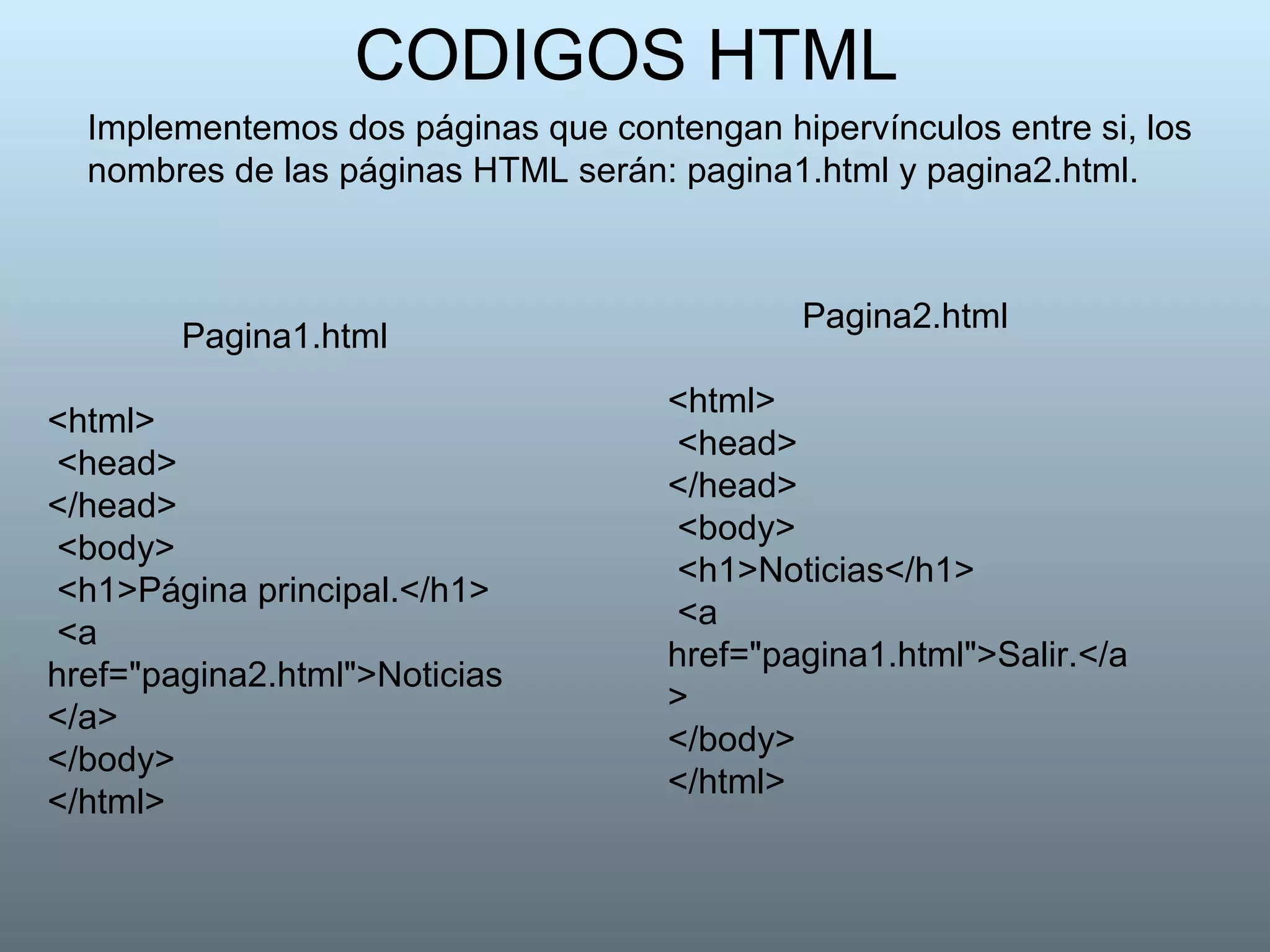 CODIGOS HTML Implementemos dos páginas que contengan hipervínculos entre si, los nombres de las páginas HTML serán: pagina1.html y pagina2.html. Pagina1.html <html> <head>  </head> <body> <h1>Página principal.</h1> <a href="pagina2.html">Noticias</a>  </body> </html>  Pagina2.html <html> <head>  </head> <body> <h1>Noticias</h1> <a href="pagina1.html">Salir.</a>  </body> </html>  