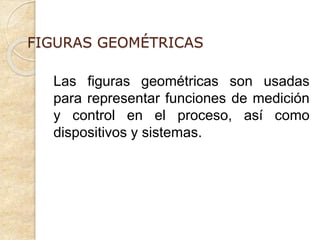 FIGURAS GEOMÉTRICAS
Las figuras geométricas son usadas
para representar funciones de medición
y control en el proceso, así como
dispositivos y sistemas.
 