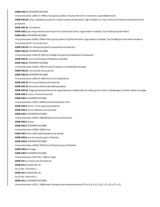ASME B30.17 INTERPRETACIONES
Interpretaciones a B30.17-1998 arriba ygrúas pórtico (Top Puente Correr, monorraíl, suspendidos Hoist)
ASME B30.18: Grúas apiladoras (superior o bajoel puente de Ejecución, Viga múltiple con Topo menos de Trolleyfuncionamiento del
polipasto)
ASME B30.19: Teleféricos
ASME B30.2: gastos generalesyGantryCranes (TopPuente Correr, viga simple o múltiple, TopTrolleyEjecución Hoist)
ASME B30.2 INTERPRETACIONES
Interpretaciones a B30.2-1996 arriba ygrúas pórtico TopPuente Correr, viga simpleo múltiple, TopTrolleyEjecución Hoist-Incluye la
Interpretación N º 1 A través de 3
ASME B30.20: Por debajo del ganchodispositivos de elevación
ASME B30.20 INTERPRETACIONES
Interpretaciones a B30.20-1993 por debajo de la ganchodispositivos de elevación
ASME B30.21: manual de palanca Polipastos operados
ASME B30.21 INTERPRETACIONES
Interpretaciones a B30.2-1994 manual de palanca accionada Montacargas
ASME B30.22: articulación Grúas pluma
ASME B30.22 INTERPRETACIONES
Interpretaciones a B30.22-1993 Grúas articuladasBoom
ASME B30.23: Personal Sistemasde elevación
ASME B30.25: Desechos yMateriales Manipuladores
ASME B30.26. Rigging Hardware Norma de seguridadpara instalaciones de cables, grúas, torres, montacargas, Ganchos, Gatos yeslingas
ASME B30.3: Grúas Torre Construcción
ASME B30.3 INTERPRETACIONES
Interpretaciones a B30.3-1996 Hammerhead Grúas Torre
ASME B30.4: Portal, Torre ygrúas de pedestal
ASME B30.5: Grúas Móviles yFerrocarriles
ASME B30.5 INTERPRETACIONES
Interpretaciones a B30.5-1994 Mobile yFerrocarrilesGrúas
ASME B30.6: Grúas
ASME B30.6 INTERPRETACIONES
Interpretaciones a B30.6-1995 Grúas
ASME B30.7: Base Montada Elevadores de tambor
ASME B30.8: pontones grúa ygrúas flotantes
ASME B30.8 INTERPRETACIONES
Interpretaciones a B30.8-1993 Grúas flotantesygrúas flotantes
ASME B30.9: Eslingas
ASME B30.9 INTERPRETACIONES
Interpretaciones a B3: 0,9 a 1.996 eslingas
ASME B31.1: Tubería de alimentación
ASME B31.1 CASOS NO. 25
Casos No. 25 de B31.1
ASME B31.1 CASOS NO. 26
Casos No. 26 de B31.1
ASME B31.1 INTERPRETACIONES
Interpretaciones a B31.1-1998 Power Piping-Incluye Interpretaciones N º 2 a 6, 8 a 10, 13,15, 17 a 25, y 27 a 31
 