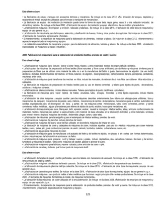 125
Esta clase excluye:
• La fabricación de cubas y tanques sin accesorios térmicos y mecánicos. Se incluye en la clase 2512, «Fa- bricación de tanques, depósitos y
recipientes de metal, excepto los utilizados para el envase o transporte de mercancías».
• La fabricación de equipo de irradiación (la irradiación puede tomar la forma de rayos beta, rayos gama, rayos X u otra radiación ionizada) de
alimentos y bebidas. Se incluye en la clase 2660, «Fabricación de equipo de irradiación y equipo electrónico de uso médico y terapéutico».
• La fabricación de máquinas de empacar y envolver, básculas y balanzas. Se incluye en la clase 2819, «Fabricación de otros tipos de maquinaria y
equipo de uso general n.c.p.».
• La fabricación de maquinaria para la limpieza, selección y clasificación de huevos, frutas y otros produc- tos agrícolas. Se incluye en la clase 2821,
«Fabricación de maquinaria agropecuaria y forestal».
• El mantenimiento y la reparación de maquinaria para la elaboración de alimentos, bebidas y tabaco. Se incluye en la clase 3312, «Mantenimiento y
reparación especializado de maquinaria y equipo».
• La instalación especializada de maquinaria y equipo para la elaboración de alimentos, bebidas y tabaco. Se incluye en la clase 3320, «Instalación
especializada de maquinaria y equipo industrial».
2826 Fabricación de maquinaria para la elaboración de productos textiles, prendas de vestir y cueros
Esta clase incluye:
• La fabricación de máquinas para extrudir, estirar o cortar fibras, hilados u otros materiales textiles de origen artificial o sintético.
• La fabricación de máquinas de preparación de fibras textiles (fibras naturales y fibras cortas artificiales) para la hilatura y máquinas similares para la
preparación de fibras que se utilizan como material de relle- no o en la manufactura del fieltro o guata; desmotadoras de algodón (de uso textil),
abridoras de balas, transformadoras de hilachas en fibras, batanes de algodón, desengrasadoras y carbonizadoras de lana, peinadoras, cardadoras,
mecheras, entre otros.
• La fabricación de máquinas para transformar las mechas en hilos, incluso las manuales, de retorcer dos o más hilos para obtener hilos retorcidos y
cableados.
• La fabricación de máquinas de preparación de hilados textiles para su uso en telares corrientes y telares para tejidos de punto, devanadoras,
urdidoras y máquinas conexas.
• La fabricación de telares corrientes, incluso telares manuales. Telares para tejidos de punto (rectilíneos y circulares).
• La fabricación de máquinas para hacer tejidos de mallas anudadas, tules, encajes, trencillas y otros tejidos especiales, incluso hilados
entorchados.
• La fabricación de otras máquinas y equipo auxiliar para las máquinas descritas anteriormente: bas- tidores con vástagos para urdidoras; lizos y
mecanismos de Jacquard, mecanismos de parada auto- máticos, mecanismos de cambio de lanzaderas, mecanismos para el cambio automático de
canillas, esponjadoras para el desengrase de lana; y partes de las máquinas antes mencionadas, tales como correderas, peines y barras
correderas; mallas metálicas, agujas y lanzaderas para telares de tejidos de punto; enjulios; husos para trenzadoras, etc.
• La fabricación de maquinaria para lavar, blanquear, teñir, aprestar, acabar, revestir e impregnar hilados textiles, telas y artículos confeccionados de
materiales textiles; máquinas para aplicar la pasta al tejido u otro material de base utilizadas en la fabricación de linóleo u otros materiales similares
para revesti- miento de pisos; máquinas de enrollar, desenrollar, plegar, cortar y calar telas.
• La fabricación de máquinas para la serigrafía y para el estampado de hilados textiles y prendas de vestir.
• La fabricación de máquinas de planchar, incluso planchas de fusión.
• La fabricación de máquinas de lavar y secar del tipo utilizado en lavandería; máquinas de limpiar en seco.
• La fabricación de máquinas de coser y cabezales de máquinas de coser, incluidas aquellas para uso do- méstico: máquinas para coser materias
textiles, cuero, pieles, etc.; para confeccionar prendas de vestir, calzado, bordados, maletas, cubrecabezas, sacos, etc.
• La fabricación de agujas para máquinas de coser.
• La fabricación de máquinas para la manufactura y el acabado del fieltro y de textiles no tejidos, en piezas o en cortes con formas determinadas,
incluso máquinas para la fabricación de sombreros de fieltro.
• La fabricación de máquinas para preparar, curtir y trabajar cueros y pieles, incluso depiladoras, des- carnadoras, batanes de mazo y de tambor,
tundidoras y máquinas de acabar, tales como máquinas de cepillar, glasear o granear el cuero.
• La fabricación de maquinaria para fabricar y reparar calzado y otros artículos de cuero o piel.
• La fabricación de carretes y bobinas que forman parte de maquinaria textil.
Esta clase excluye:
• La fabricación de tarjetas de papel y cartón perforadas, para los telares con mecanismo de Jacquard. Se incluye en la clase 1709, «Fabricación de
otros artículos de papel y cartón».
• La fabricación de máquinas domésticas de lavado y secado. Se incluye en la clase 2750, «Fabricación de aparatos de uso doméstico».
• La fabricación de máquinas de planchar del tipo calandria. Se incluye en la clase 2819, «Fabricación de otros tipos de maquinaria y equipo de uso
general n.c.p.».
• La fabricación de calandrias para textiles. Se incluye en la clase 2819, «Fabricación de otros tipos de maquinaria y equipo de uso general n.c.p.».
• La fabricación de máquinas para producir mallas o telas metálicas que funcionan según principios dife- rentes que los telares. Se incluye en la clase
2822, «Fabricación de máquinas formadoras de metal y de máquinas herramienta».
• La fabricación de las máquinas de coser utilizadas en la encuadernación. Se incluye en la clase 2829, «Fabricación de otros tipos de maquinaria y
equipo de uso especial n.c.p.».
• El mantenimiento y la reparación de maquinaria para la elaboración de productos textiles, prendas de vestir y cueros. Se incluye en la clase 3312,
«Mantenimiento y reparación especializado de maquinaria y equipo».
 