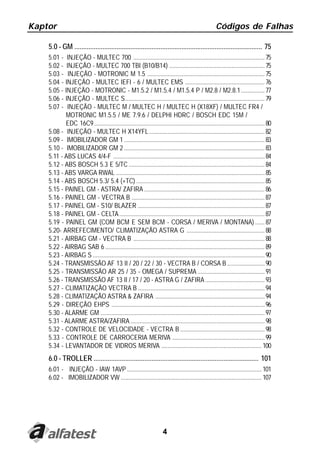 Kaptor                                                                                              Códigos de Falhas

    5.0 - GM ........................................................................................................... 75
    5.01 - INJEÇÃO - MULTEC 700 .................................................................................... 75
    5.02 - INJEÇÃO - MULTEC 700 TBI (B10/B14) ............................................................. 75
    5.03 - INJEÇÃO - MOTRONIC M 1.5 ........................................................................... 75
    5.04 - INJEÇÃO - MULTEC IEFI - 6 / MULTEC EMS ................................................... 76
    5.05 - INJEÇÃO - MOTRONIC - M1.5.2 / M1.5.4 / M1.5.4 P / M2.8 / M2.8.1 ............... 77
    5.06 - INJEÇÃO - MULTEC S ......................................................................................... 79
    5.07 - INJEÇÃO - MULTEC M / MULTEC H / MULTEC H (X18XF) / MULTEC FR4 /
           MOTRONIC M1.5.5 / ME 7.9.6 / DELPHI HDRC / BOSCH EDC 15M /
           EDC 16C9 ............................................................................................................. 80
    5.08 - INJEÇÃO - MULTEC H X14YFL .......................................................................... 82
    5.09 - IMOBILIZADOR GM 1 .......................................................................................... 83
    5.10 - IMOBILIZADOR GM 2 .......................................................................................... 83
    5.11 - ABS LUCAS 4/4-F ................................................................................................. 84
    5.12 - ABS BOSCH 5.3 E 5/TC ....................................................................................... 84
    5.13 - ABS VARGA RWAL ............................................................................................... 85
    5.14 - ABS BOSCH 5.3/ 5.4 (+TC) .................................................................................. 85
    5.15 - PAINEL GM - ASTRA/ ZAFIRA ............................................................................. 86
    5.16 - PAINEL GM - VECTRA B ..................................................................................... 87
    5.17 - PAINEL GM - S10/ BLAZER ................................................................................. 87
    5.18 - PAINEL GM - CELTA ............................................................................................. 87
    5.19 - PAINEL GM (COM BCM E SEM BCM - CORSA / MERIVA / MONTANA) ...... 87
    5.20- ARREFECIMENTO/ CLIMATIZAÇÃO ASTRA G .................................................. 88
    5.21 - AIRBAG GM - VECTRA B .................................................................................... 88
    5.22 - AIRBAG SAB 6 ...................................................................................................... 89
    5.23 - AIRBAG S .............................................................................................................. 90
    5.24 - TRANSMISSÃO AF 13 II / 20 / 22 / 30 - VECTRA B / CORSA B ........................ 90
    5.25 - TRANSMISSÃO AR 25 / 35 - OMEGA / SUPREMA ........................................... 91
    5.26 - TRANSMISSÃO AF 13 II / 17 / 20 - ASTRA G / ZAFIRA ...................................... 93
    5.27 - CLIMATIZAÇÃO VECTRA B ................................................................................. 94
    5.28 - CLIMATIZAÇÃO ASTRA & ZAFIRA ...................................................................... 94
    5.29 - DIREÇÃO EHPS .................................................................................................. 96
    5.30 - ALARME GM ......................................................................................................... 97
    5.31 - ALARME ASTRA/ZAFIRA ...................................................................................... 98
    5.32 - CONTROLE DE VELOCIDADE - VECTRA B ...................................................... 98
    5.33 - CONTROLE DE CARROCERIA MERIVA ........................................................... 99
    5.34 - LEVANTADOR DE VIDROS MERIVA ................................................................ 100
    6.0 - TROLLER .............................................................................................. 101
    6.01 - INJEÇÃO - IAW 1AVP ...................................................................................... 101
    6.02 - IMOBILIZADOR VW .......................................................................................... 107




                                                                      4
 