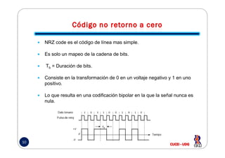 NRZ code es el código de línea mas simple.
Es solo un mapeo de la cadena de bits.
Tb = Duración de bits.
Consiste en la transformación de 0 en un voltaje negativo y 1 en uno
10
Consiste en la transformación de 0 en un voltaje negativo y 1 en uno
positivo.
Lo que resulta en una codificación bipolar en la que la señal nunca es
nula.
 