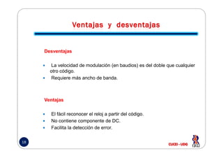 Desventajas
La velocidad de modulación (en baudios) es del doble que cualquier
otro código.
Requiere más ancho de banda.
18
Requiere más ancho de banda.
Ventajas
El fácil reconocer el reloj a partir del código.
No contiene componente de DC.
Facilita la detección de error.
 