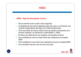HDB3HDB3HDB3HDB3
HDB3 - High density bipolar 3-zeros
No se permite enviar cuatro ceros seguidos
Si después de tres ceros seguidos sigue otro cero, se introduce una
violación dependiente del signo de la última alternancia
23
violación dependiente del signo de la última alternancia
Si se acumulan de nuevo cuatro ceros de manera consecutiva a la
primera violación, se introduce la caena B00V ó 000V.
B indica una alternancia con respecto a la bandera anterior
Si la cantidad de unos es impar entre dos violaciones se emplea
000V
Si la cantidad de unos entre dos violaciones es par se emplea B00V
Una cantidad nula de unos se toma como par
 