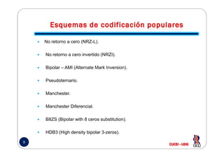 No retorno a cero (NRZ-L).
No retorno a cero invertido (NRZI).
Bipolar – AMI (Alternate Mark Inversion).
Pseudoternario.
9
Pseudoternario.
Manchester.
Manchester Diferencial.
B8ZS (Bipolar with 8 ceros substitution).
HDB3 (High density bipolar 3-zeros).
 