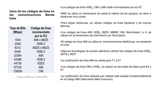 Tasa de Bits
[Mbps]
Código de línea
recomendado
por la ITU
1544 AMI o B8ZS
2048 HDB-3
6312 B8ZS o B6ZS
8448 HDB-3
32064 AMI
34368 HDB-3
44736 B3ZS
97728 AMI
139264 CMI
Códigos utilizados por Intelsat [Int99].
•Los códigos de línea HDB3, CMI y AMI están normalizados por la UIT.
•NRZ se utiliza en transmisión de señal al interior de los equipos, es decir a
distancias muy cortas.
•Para largas distancias, se utilizan códigos de línea bipolares y de marcas
alternas.
•Los códigos de línea AMI, HDB3, B8ZS, NBMB, CMI, Manchester I y II, se
utilizan en la transmisión de información por fibra óptica.
•El código de línea AMI se utiliza en comunicaciones telefónicas, es resistente
al ruido.
•Algunas tecnologías de acceso alámbrica utilizan los códigos de línea HDB3,
2B1Q y 4B3T.
•La codificación de línea AMI es usada para T1 y E1
•Los códigos de línea CMI y HDB3, se utilizan en las redes de datos para E4 y
E1
•La codificación de línea utilizada por Intelsat está basada fundamentalmente
en el código AMI (Alternative Mark Inversion).
Usos de los códigos de línea en
las comunicaciones Banda
base
 