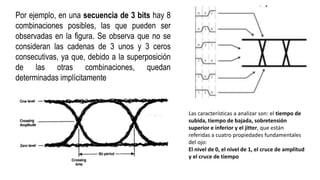 Por ejemplo, en una secuencia de 3 bits hay 8
combinaciones posibles, las que pueden ser
observadas en la figura. Se observa que no se
consideran las cadenas de 3 unos y 3 ceros
consecutivas, ya que, debido a la superposición
de las otras combinaciones, quedan
determinadas implícitamente
Las características a analizar son: el tiempo de
subida, tiempo de bajada, sobretensión
superior e inferior y el jitter, que están
referidas a cuatro propiedades fundamentales
del ojo:
El nivel de 0, el nivel de 1, el cruce de amplitud
y el cruce de tiempo
 