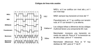 Códigos de línea más usados
NRZ-L: el 0 se codifica con nivel alto y el 1
con nivel bajo
NRZI: siempre hay transición al inicio del “1”
Pseudoternario: el “1” se codifica con tensión
nula, el “0” con tensión V y se alterna.
Los códigos bifase a diferencia de los códigos
multinivel tienen una componente DC nula
Manchester: incorpora una transición en
medio de cada bit. Para el “0” la transición es
de alto a bajo, para el “1” viceversa.
Manchester diferencial: Para el “0” hay
desfase de 180º, para el “1” de 0º.
 