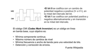 El código CMI (Codec Mark Inversion) es un código en línea
en banda base, cuyo objetivo es:
• Mínima componente continua.
...
