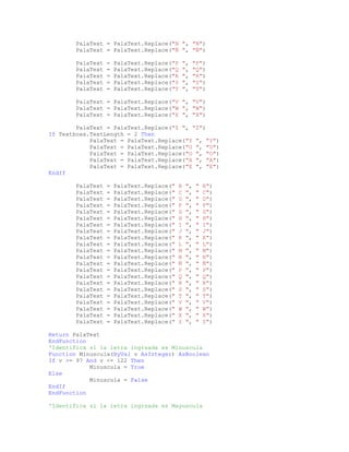 PalaText = PalaText.Replace("N ", "N")
PalaText = PalaText.Replace("Ñ ", "Ñ")
PalaText = PalaText.Replace("P ", "P")
PalaText = PalaText.Replace("Q ", "Q")
PalaText = PalaText.Replace("R ", "R")
PalaText = PalaText.Replace("S ", "S")
PalaText = PalaText.Replace("T ", "T")
PalaText = PalaText.Replace("V ", "V")
PalaText = PalaText.Replace("W ", "W")
PalaText = PalaText.Replace("X ", "X")
PalaText = PalaText.Replace("Z ", "Z")
If Textboxx.TextLength = 2 Then
PalaText = PalaText.Replace("Y ", "Y")
PalaText = PalaText.Replace("U ", "U")
PalaText = PalaText.Replace("O ", "O")
PalaText = PalaText.Replace("A ", "A")
PalaText = PalaText.Replace("E ", "E")
EndIf
PalaText = PalaText.Replace(" B ", " B")
PalaText = PalaText.Replace(" C ", " C")
PalaText = PalaText.Replace(" D ", " D")
PalaText = PalaText.Replace(" F ", " F")
PalaText = PalaText.Replace(" G ", " G")
PalaText = PalaText.Replace(" H ", " H")
PalaText = PalaText.Replace(" I ", " I")
PalaText = PalaText.Replace(" J ", " J")
PalaText = PalaText.Replace(" K ", " K")
PalaText = PalaText.Replace(" L ", " L")
PalaText = PalaText.Replace(" M ", " M")
PalaText = PalaText.Replace(" N ", " N")
PalaText = PalaText.Replace(" Ñ ", " Ñ")
PalaText = PalaText.Replace(" P ", " P")
PalaText = PalaText.Replace(" Q ", " Q")
PalaText = PalaText.Replace(" R ", " R")
PalaText = PalaText.Replace(" S ", " S")
PalaText = PalaText.Replace(" T ", " T")
PalaText = PalaText.Replace(" V ", " V")
PalaText = PalaText.Replace(" W ", " W")
PalaText = PalaText.Replace(" X ", " X")
PalaText = PalaText.Replace(" Z ", " Z")
Return PalaText
EndFunction
'Identifica si la letra ingrsada es Minuscula
Function Minuscula(ByVal v AsInteger) AsBoolean
If v >= 97 And v <= 122 Then
Minuscula = True
Else
Minuscula = False
EndIf
EndFunction
'Identifica si la letra ingrsada es Mayuscula
 