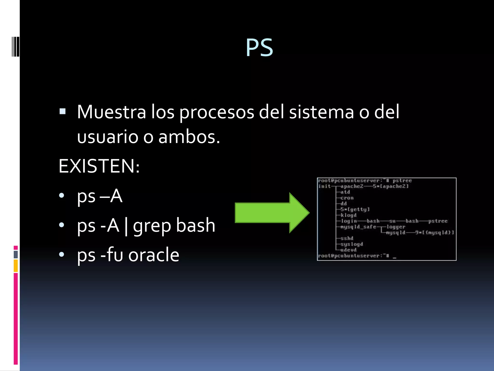 PS

 Muestra los procesos del sistema o del
  usuario o ambos.
EXISTEN:
• ps –A
• ps -A | grep bash
• ps -fu oracle
 