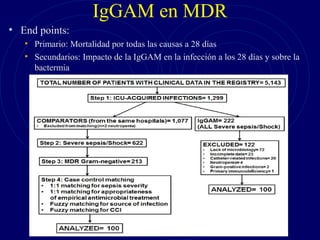 IgGAM en MDR
• End points:
• Primario: Mortalidad por todas las causas a 28 días
• Secundarios: Impacto de la IgGAM en la infección a los 28 días y sobre la
bactermia
 
