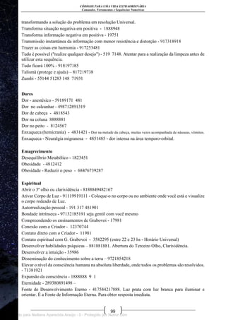 CÓDIGOS PARA UMA VIDA EXTRAORDINÁRIA
Comandos, Ferramentas e Sequências Numéricas
99
transformando a solução do problema em resolução Universal.
Transforma situação negativa em positiva - 1888948
Transforma informação negativa em positiva - 19751
Transmissão instantânea da informação com menor resistência e distorção - 917318918
Trazer as coisas em harmonia - 917253481
Tudo é possível ("realize qualquer desejo") - 519 7148. Atentar para a realização da limpeza antes de
utilizar esta sequência.
Tudo ficará 100% - 918197185
Talismã (protege e ajuda) – 817219738
Zumbi - 55144 51283 148 71931
Dores
Dor - anestésico - 59189171 481
Dor no calcanhar - 498712891319
Dor de cabeça - 4818543
Dor na coluna 8888881
Dor no peito - 8124567
Enxaqueca (hemicrania) - 4831421 - Dor na metade da cabeça, muitas vezes acompanhada de náuseas, vômitos.
Enxaqueca - Neuralgia migranosa - 4851485 - dor intensa na área temporo-orbital.
Emagrecimento
Desequilíbrio Metabólico - 1823451
Obesidade - 4812412
Obesidade - Reduzir o peso - 68476739287
Espiritual
Abrir o 3º olho ou clarividência - 8188849482167
Ativar Corpo de Luz - 91119919111 - Coloque-o no corpo ou no ambiente onde você está e visualize
o corpo rodeado de Luz.
Autorrealização pessoal - 191 317 481901
Bondade intrínseca - 97132185191 seja gentil com você mesmo
Compreendendo os ensinamentos de Grabovoi - 17981
Conexão com o Criador - 12370744
Contato direto com o Criador - 11981
Contato espiritual com G. Grabovoi - 3582295 (entre 22 e 23 hs - Horário Universal)
Desenvolver habilidades psíquicas – 881881881. Abertura do Terceiro Olho, Clarividência.
Desenvolver a intuição - 35986
Disseminação do conhecimento sobre a terra – 9721854218
Elevar o nível da consciência humana na absoluta liberdade, onde todos os problemas são resolvidos.
- 71381921
Expansão da consciência - 1888888 9 1
Eternidade - 289380891498 –
Fonte de Desenvolvimento Eterno - 417584217888. Luz prata com luz branca para iluminar e
orientar. É a Fonte de Informação Eterna. Para obter resposta imediata.
Licenciado para Neiliana Aparecida Araújo - 0 - Protegido por Nutror.com
 