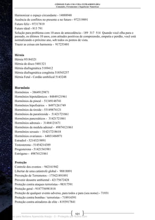 CÓDIGOS PARA UMA VIDA EXTRAORDINÁRIA
Comandos, Ferramentas e Sequências Numéricas
101
Harmonizar o espaço circundante - 14888948
Ausência de conflitos no presente e no futuro - 972319891
Futuro feliz - 97317819
Futuro ideal - 813 791
Solução para problema com 10 anos de antecedência - 189 317 514 Quando você olha para o
passado, os últimos 10 anos, com atitudes positivas de compreensão, empatia e perdão, você está
normalizando o próximo ano, sob todos os pontos de vista.
Trazer as coisas em harmonia - 917253481
Hérnia
Hérnia 95184321
Hérnia de disco 5481321
Hérnia diafragmática 5189412
Hérnia diafragmática congênita 518543257
Hérnia Fetal - Cordão umbilical 5143248
Hormônio
Hormônios - 38649129871
Hormônios hipotalâmicos - 84849121961
Hormônios da pineal – 51349148741
Hormônios hipofisários - 84971261749
Hormônios da tiroide - 53149874121
Hormônios da paratireoide - 51421721861
Hormônios pancreáticos - 31421721861
Hormônios adrenais - 31484121671
Hormônios da medula adrenal - 49874121861
Hormônios sexuais - 314217218618
Hormônios ovarianos - 64831484971
Estradiol - 52143219891
Testosterona - 51454214389
Progesterona - 51421541981
Estrógeno - 49874121861
Proteção
Controle dos eventos – 942161942
Libertar de uma catástrofe global - 98818891
Prevenção de Terremotos - 175421891891
Prevenir desastre ambiental - 42175672428
Proteção contra ataques terroristas - 98317591
Proteção geral - 9187756981818
Proteção de qualquer evento adverso, para todos e para (seu nome) - 71931
Proteção contra bombas / terroristas - 718914391
Proteção contra atiradores de elite - 8193917841
Licenciado para Neiliana Aparecida Araújo - 0 - Protegido por Nutror.com
 