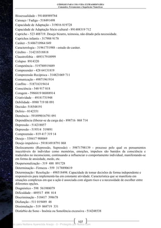 CÓDIGOS PARA UMA VIDA EXTRAORDINÁRIA
Comandos, Ferramentas e Sequências Numéricas
107
Bissexualidade - 591488989784
Cansaço / Fadiga - 518491498
Capacidade de Adaptação - 319016 819728
Capacidade de Adaptação Sócio cultural - 891488319 712
Capricho - 523 488719. Desejo bizarro, teimosia, não ditado pela necessidade.
Caprichos infantis - 317988 9178
Caráter - 51486710964 849
Caracterologia - 31961751988 - estudo do caráter.
Cérebro – 314218318818
Claustrofobia – 489317918999
Colapso 8914320
Competência - 519788919489
Compreender - 428 64131819
Compreensão Recíproca - 314821069 711
Comunicação - 49871961914
Conflito – 518716319414
Consciência - 548 917 818
Coragem - 5986819 06888914
Criatividade – 49181731948
Debilidade - 8980 719 88 091
Decisão- 518548191
Delírio - 8142351
Demência - 591899016791 091
Dependência (liberar-se da carga da) - 898716 068 714
Depressão - 514218857
Depressão - 519514 319891
Compreensão - 819 417 319 14
Desejo - 538417 988069
Desejo impulsivo - 591814918791 068
Deslocamento (Repressão, Supressão) - 59871798139 - processo pelo qual os pensamentos
inaceitáveis do indivíduo como memórias, emoções, impulsos são banidos da consciência e
traduzidos no inconsciente, continuando a influenciar o comportamento individual, manifestando-se
em forma de ansiedade, medo, etc.
Despersonalização - 319 488 891728
Determinação - Firmeza - 559 3178890619
Determinação / Resolução – 498518498. Capacidade de tomar decisões de forma independente e
responsáveis para implementá-las em constante atividade. Característica que se manifesta em
situações complexas em que a ação é associada com algum risco e a necessidade de escolher entre
diferentes opções.
Diagnóstico - 598 561988079
Dificuldade - 489517 498 814
Discriminação - 518417 398678
Disfunção - 511 019489 48
Dissimulação - 519 068719 331
Distúrbio do Sono - Insônia ou Sonolência excessiva - 514248538
Licenciado para Neiliana Aparecida Araújo - 0 - Protegido por Nutror.com
 