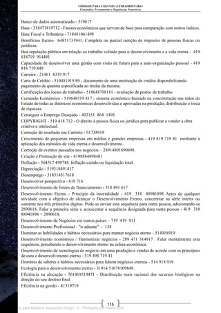 CÓDIGOS PARA UMA VIDA EXTRAORDINÁRIA
Comandos, Ferramentas e Sequências Numéricas
115
Banco de dados automatizado - 519617
Base - 318471819712 - Fatores econômicos que servem de base para comparação com outros índices.
Base Fiscal e Tributária - 718481061498
Benefícios fiscais- 64851731941. Completa ou parcial isenção de impostos de pessoas físicas ou
jurídicas.
Boa reputação pública em relação ao trabalho voltado para o desenvolvimento e a vida eterna - 419
818719 914481
Capacidade de desenvolver uma gestão com visão de futuro para a auto-organização pessoal - 419
818 719 849
Carreira - 21461 8319 917
Carta de Crédito - 519481919 89 - documento de uma instituição de crédito disponibilizando
pagamento de quantia especificada ao titular da mesma.
Certificação dos locais de trabalho - 518648798181 - avaliação de postos de trabalho
Comando Econômico - 519648319 817 - sistema econômico baseado na concentração nas mãos do
Estado de todas as diretrizes econômicas desenvolvidas e aprovadas na produção, distribuição e troca
de riquezas.
Conseguir o Emprego Desejado - 493151 864 1491
COPYRIGHT - 519 418 712 - O direito à pessoa física ou jurídica para publicar e vender a obra
criativa e intelectual.
Correção de resultado em Cartório - 91738919
Crescimento de pequenas empresas em médias e grandes empresas - 419 819 719 81 mediante a
aplicação dos métodos de vida eterna e desenvolvimento.
Correção de eventos passados nos negócios – 28914801890498.
Criação e Promoção de site - 8198884898481
Deflação - 564517 498748. Inflação caindo ou liquidação total.
Depreciação - 519318491417
Desemprego - 318514517618
Desenvolver perspectiva - 819 716
Desenvolvimento de fontes de financiamento - 518 491 617
Desenvolvimento Eterno - Princípio da imortalidade - 419 318 88941898 Antes de qualquer
atividade com o objetivo de alcançar o Desenvolvimento Eterno, concentrar na série inteira ou
somente nos três primeiros dígitos. Pode-se enviar esta sequência para outra pessoa, adicionando-se
2890618. Falar a primeira série e acrescentar a sequência designada para outra pessoa - 419 318
88941898 + 2890618.
Desenvolvimento de Negócios em outros países – 719 419 811
Desenvolvimento Profissional - "ir adiante" - 138
Dominar as habilidades e hábitos necessários para manter negócio eterno - 514918919
Desenvolvimento econômico / Harmonizar negócios - 289 471 314917 . Falar mentalmente esta
sequência, percebendo o desenvolvimento eterno na esfera econômica.
Desenvolvimento de tecnologias de negócio em uma produção e vendas de acordo com os princípios
de cura e desenvolvimento eterno - 519 498 719 41
Domínio de saberes e hábitos necessários para liderar negócios eternos - 514 918 919
Ecologia para o desenvolvimento eterno - 31914 51678109849.
Eficiência na alocação - 561418519471 - Distribuição mais racional dos recursos biológicos na
direção do seu destino final.
Eficiência na gestão - 81319719
Licenciado para Neiliana Aparecida Araújo - 0 - Protegido por Nutror.com
 