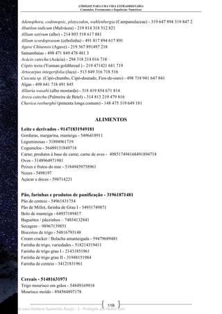 CÓDIGOS PARA UMA VIDA EXTRAORDINÁRIA
Comandos, Ferramentas e Sequências Numéricas
118
Adenophora, codonopsic, platycodon, wahlenbergia (Campanulaceae) - 319 647 894 319 847 2
Abutilon indicum (Malvácea) - 219 814 318 512 821
Allium sativum (alho) - 214 893 518 617 881
Allium scordoprasum (cebolinha) - 491 817 894 617 891
Agave Chinensis (Agave) - 219 367 891497 218
Samambaias - 498 471 849 478 481 3
Acácio catechu (Acácia) - 294 318 214 016 718
Cóptis teeta (Yunnan goldthread ) - 219 471421 681 719
Artocarpus integerifolia (Jaca) - 513 849 316 718 516
Cuscuta sp. (Cipó-chumbo, Cipó-dourado, Fios-de-ouro) - 498 718 941 647 841
Algas - 498 641 718 491 845
Alliaria wasabi (alho mostarda) - 318 419 854 671 814
Areca catechu (Palmeira de Betel) - 314 813 219 479 816
Chavica roxburghii (pimenta longa comum) - 148 475 319 649 181
ALIMENTOS
Leite e derivados - 91471831949181
Gorduras, margarina, manteiga - 5496418911
Leguminosas - 31894961719
Cogumelos - 56489131849718
Carne; produtos à base de carne; carne de aves - 498517494168491894718
Ovos - 3148964971981
Peixes e frutos do mar - 51849459758961
Nozes - 5498197
Açúcar e doces - 598714221
Pão, farinhas e produtos de panificação - 31961871481
Pão de centeio - 54961831754
Pão de Millet, farinha de Grau I - 54931749871
Bolo de manteiga - 64937189417
Baguettes / pãezinhos – 74854132841
Secagem – 98967139851
Biscoitos de trigo - 54816793148
Cream cracker / Bolacha amanteigada - 59479689481
Farinha de trigo, variedades - 518214319411
Farinha de trigo grau I - 21431851961
Farinha de trigo grau II - 31948151984
Farinha de centeio - 34121831961
Cereais - 51481631971
Trigo mourisco em grãos - 54849169918
Mourisco moído - 894564897178
Licenciado para Neiliana Aparecida Araújo - 0 - Protegido por Nutror.com
 