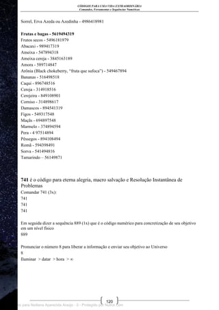 CÓDIGOS PARA UMA VIDA EXTRAORDINÁRIA
Comandos, Ferramentas e Sequências Numéricas
120
Sorrel, Erva Azeda ou Azedinha - 4986418981
Frutas e bagas - 5619494319
Frutos secos - 5496181979
Abacaxi - 989417319
Ameixa - 547894318
Ameixa cereja - 3845163189
Amora - 589714847
Arônia (Black chokeberry, ―fruta que sufoca‖) - 549467894
Bananas - 516498518
Caqui - 896748516
Cereja - 314918516
Cerejeira - 849108901
Corniso - 314898617
Damascos - 894541319
Figos - 549317548
Maçãs - 694897548
Marmelo - 374894594
Pera - 4 97514894
Pêssegos - 894108494
Romã - 594398491
Sorva - 541494816
Tamarindo – 56149871
741 é o código para eterna alegria, macro salvação e Resolução Instantânea de
Problemas
Comandar 741 (3x):
741
741
741
Em seguida dizer a sequência 889 (1x) que é o código numérico para concretização de seu objetivo
em um nível físico
889
Pronunciar o número 8 para liberar a informação e enviar seu objetivo ao Universo
8
Iluminar > datar > hora > ∞
Licenciado para Neiliana Aparecida Araújo - 0 - Protegido por Nutror.com
 