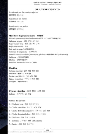 CÓDIGOS PARA UMA VIDA EXTRAORDINÁRIA
Comandos, Ferramentas e Sequências Numéricas
121
REJUVENESCIMENTO
Focalizando sua foto em época jovem
2145432 2213445
Focalizando em plantas
1234814 1421384
Focalizando em pedras
8275432 8223745
Método de Rejuvenescimento - 374298
Prevenir processo de envelhecimento - 4975 19121489731864 9781
Células e tecidos – 829 3791 429 841
Rejuvenescer pele – 519 606 901 319
Rejuvenescimento - 514
Pele mais jovem - 34672648366
Autocura do organismo - 817992191
Normalizar cor do cabelo (em caso de grisalho) - 49819431947 (crisântemo)
Colágeno – 58964959431
Elastina – 38649121871
Proteínas estruturais – 68974129891
Flacidez
Sistema muscular - 214 712 314 222
Músculos - 898 811 919 218
Tecido epitelial - 891 389 426 319
Tecido conjuntivo - 719 317 918 517
Colágeno - 58964959431
Células e tecidos – 829 3791 429 841
Células – 319 078 121 942
Formas das células:
1 - Célula nervosa – 519 513 819 814
2 - Células epiteliais – 518 321 678 024
3 - Células do tecido conjuntivo – 819 417 319 814
4 - Células do músculo liso – 519 312 419 814
5 - Eritrócito – 214 719 319 818
6 – Esperma – 319 814 888 918 esperma
7 - Óvulos – 888 319 914 718
Licenciado para Neiliana Aparecida Araújo - 0 - Protegido por Nutror.com
 