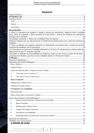 CÓDIGOS PARA UMA VIDA EXTRAORDINÁRIA
Comandos, Ferramentas e Sequências Numéricas
1
Sumário
Grigori Grabovoi..................................................................................................................................7
INTRODUÇÃO..................................................................................................................................8
Estrutura do Ser....................................................................................................................................9
Alma .............................................................................................................................................................. 9
Espírito .......................................................................................................................................................... 9
Consciência.................................................................................................................................................... 9
RESUMINDO...................................................................................................................................10
A Alma é a estrutura que organiza o mundo e através da consciência, organiza (cria) a realidade
física, além de constituir a parte material do corpo físico e através da estrutura da consciência,
interage com a realidade. ...................................................................................................................10
Em qualquer momento, a Alma cria a realidade física novamente....................................................10
Podemos imaginar que em cada momento o Criador dá um impulso para criar o próximo momento da
realidade.............................................................................................................................................10
A Alma, recebendo este impulso, transmite as informações necessárias para a criação do próximo
momento da realidade, até a Consciência. .........................................................................................10
E a Consciência converte esta "realidade informativa" em física. E este processo se realiza nada mais
nada menos do que 17 vezes por segundo. ........................................................................................10
Utilizando os métodos de Concentração de Grabovoi, lendo os seus livros, se gera um biosinal na
consciência do Homem, que traz a nossa realidade objetiva à Norma do Criador............................10
O Método ..........................................................................................................................................10
Elementos importantes.......................................................................................................................10
Elementos do Controle/Pilotagem .....................................................................................................11
Meta - Objetivo............................................................................................................................................ 11
Limpeza Inicial............................................................................................................................................ 11
Entrar na Esfera da Alma / Conectar-se com o Criador .............................................................................. 11
 "Vejo tudo como o Criador vê". ...................................................................................................... 11
 "Ajo sempre como o Criador age". ................................................................................................. 11
Macro Comando........................................................................................................................................ 11
Mudança para o Macro Nível...................................................................................................................... 12
Limpeza em relação à meta ......................................................................................................................... 12
Ferramenta a ser trabalhada.................................................................................................................... 12
Iluminação final........................................................................................................................................... 12
Datar, colocar hora e enviar para o infinito ∞ ............................................................................................. 12
Forma abreviada do Controle/Pilotagem ...........................................................................................13
1. Entrar na Esfera da Alma / Conectar-se com o Criador .................................................................. 13
2. Macro Comando .............................................................................................................................. 13
3. Mudança para o Macro Nível .......................................................................................................... 13
4. Limpeza em relação à sua meta....................................................................................................... 13
5. Ferramenta a ser trabalhada............................................................................................................. 13
6. Iluminação final, com data, hora e envio para o infinito................................................................. 13
Repetição das aplicações....................................................................................................................13
Trabalhar com outras pessoas ............................................................................................................13
A ESFERA DA ALMA.......................................................................................................................... 14
Licenciado para Neiliana Aparecida Araújo - 0 - Protegido por Nutror.com
 