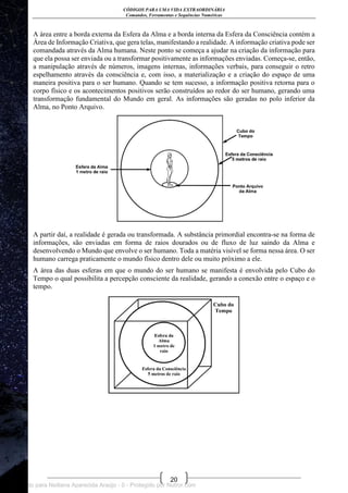 CÓDIGOS PARA UMA VIDA EXTRAORDINÁRIA
Comandos, Ferramentas e Sequências Numéricas
20
A área entre a borda externa da Esfera da Alma e a borda interna da Esfera da Consciência contém a
Área de Informação Criativa, que gera telas, manifestando a realidade. A informação criativa pode ser
comandada através da Alma humana. Neste ponto se começa a ajudar na criação da informação para
que ela possa ser enviada ou a transformar positivamente as informações enviadas. Começa-se, então,
a manipulação através de números, imagens internas, informações verbais, para conseguir o retro
espelhamento através da consciência e, com isso, a materialização e a criação do espaço de uma
maneira positiva para o ser humano. Quando se tem sucesso, a informação positiva retorna para o
corpo físico e os acontecimentos positivos serão construídos ao redor do ser humano, gerando uma
transformação fundamental do Mundo em geral. As informações são geradas no polo inferior da
Alma, no Ponto Arquivo.
A partir daí, a realidade é gerada ou transformada. A substância primordial encontra-se na forma de
informações, são enviadas em forma de raios dourados ou de fluxo de luz saindo da Alma e
desenvolvendo o Mundo que envolve o ser humano. Toda a matéria visível se forma nessa área. O ser
humano carrega praticamente o mundo físico dentro dele ou muito próximo a ele.
A área das duas esferas em que o mundo do ser humano se manifesta é envolvida pelo Cubo do
Tempo o qual possibilita a percepção consciente da realidade, gerando a conexão entre o espaço e o
tempo.
Licenciado para Neiliana Aparecida Araújo - 0 - Protegido por Nutror.com
 