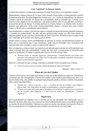 CÓDIGOS PARA UMA VIDA EXTRAORDINÁRIA
Comandos, Ferramentas e Sequências Numéricas
26
Cura "espiritual" de doenças infantis
A prática da medicina vai passar do tratamento do corpo físico para a cura espiritual e mental.
Habitualmente, muitas crianças de 3-8 anos, ficam doentes. Nessa idade, a criança percebe o mundo
diretamente pela alma. Sua alma diagnostica eventos com + ou - 14 dias de antecedência. Ao observar
o tempo a partir do momento da doença até a recuperação, pode-se entender que a criança vê os
futuros eventos negativos em seu ambiente, o que pode acontecer entre os seus parentes, e começa a
processá-los através da doença. A criança processa os eventos futuros e as relações entre os pais e
parentes mais próximos. Tenta assim (inconscientemente) chamar a atenção para esses eventos
futuros, a fim de criar o entendimento desta situação.
Para compreender a criança, você tem que seguir o caminho do desenvolvimento espiritual avançado,
o "caminho do conhecimento". Os pais, não tem nenhuma ideia porque seu filho ficou doente. A
medicina padrão diz que a doença é transmitida de forma infecciosa. Presume-se que a criança tenha
sido "infectada" pelo contato com alguma pessoa doente.
Quanto menor a criança, maior a probabilidade de doenças. A criança está diretamente no plano da
alma, mas a consciência, que é uma ferramenta, ainda está em formação. Sua consciência não
consegue lidar com o mundo e, assim, a criança pode adoecer.
Deve-se capacitar a criança a fazer sua experiência de aprendizagem somente no nível espiritual, sem
entrar no mundo físico das enfermidades. A partir dos dois anos, a criança pode ser ensinada a não
assumir os problemas. O Adulto se agacha para ficar no nível da criança e fala:
 "Elimino todas as emoções negativas, pensamentos e acontecimentos nos quais você
penetrou e assumiu para sua Alma. Você vai aprender a acumular experiência sem entrar
nesses acontecimentos negativos".
Observar o momento em que a criança concorda, ou dizendo sim ou acenando com a cabeça:
 "Fixo isso com a Luz do Criador, diante do fundo da Alma do Criador".
Iluminar > datar > hora > ∞
Fluxo de Luz do Criador
Usamos o Fluxo de Luz do Criador para limpar o corpo físico das influências negativas, informações
e emoções que não correspondem à Norma do Criador, como também para harmonizar salas, e as
pessoas dentro dela, casa, prédio ou qualquer lugar desejado, plantas, animais e objetos. Em grandes
áreas, usamos um Macrofluxo.
 "Coloco-me / coloco a pessoa ......xyz....., no fluxo de Luz do Criador, para limpar e
liberar meu / seu corpo físico de todas as informações e emoções negativas."
 "Coloco esta sala onde estou agora (imaginar ou verbalizar o endereço) na corrente de
luz do Criador para limpá-la e a mim (nós) de todas as informações e emoções
negativas".
Oligoterapia
Outra possibilidade de trabalhar com a corrente de luz da eternidade está relacionada com os
elementos da Terra. Para fazer isso, a pessoa se coloca simbolicamente junto a uma tabela periódica
na corrente de luz da Eternidade. Tudo que seu corpo necessitar, esta corrente traz para ele. Pode ser
feito em outra pessoa, é só imagina-la junto à tabela e na corrente de Luz do Criador.
Licenciado para Neiliana Aparecida Araújo - 0 - Protegido por Nutror.com
 