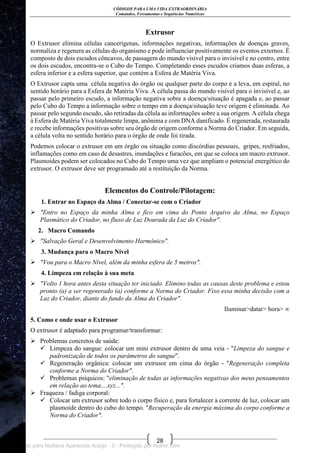CÓDIGOS PARA UMA VIDA EXTRAORDINÁRIA
Comandos, Ferramentas e Sequências Numéricas
28
Extrusor
O Extrusor elimina células cancerígenas, informações negativas, informações de doenças graves,
normaliza e regenera as células do organismo e pode influenciar positivamente os eventos externos. É
composto de dois escudos côncavos, de passagem do mundo visível para o invisível e no centro, entre
os dois escudos, encontra-se o Cubo do Tempo. Completando esses escudos criamos duas esferas, a
esfera inferior e a esfera superior, que contém a Esfera de Matéria Viva.
O Extrusor capta uma célula negativa do órgão ou qualquer parte do corpo e a leva, em espiral, no
sentido horário para a Esfera de Matéria Viva. A célula passa do mundo visível para o invisível e, ao
passar pelo primeiro escudo, a informação negativa sobre a doença/situação é apagada e, ao passar
pelo Cubo do Tempo a informação sobre o tempo em a doença/situação teve origem é eliminada. Ao
passar pelo segundo escudo, são retiradas da célula as informações sobre a sua origem. A célula chega
à Esfera de Matéria Viva totalmente limpa, anônima e com DNA danificado. É regenerada, restaurada
e recebe informações positivas sobre seu órgão de origem conforme a Norma do Criador. Em seguida,
a célula volta no sentido horário para o órgão de onde foi tirada.
Podemos colocar o extrusor em um órgão ou situação como discórdias pessoais, gripes, resfriados,
inflamações como em caso de desastres, inundações e furacões, em que se coloca um macro extrusor.
Plasmoides podem ser colocados no Cubo do Tempo uma vez que ampliam o potencial energético do
extrusor. O extrusor deve ser programado até a restituição da Norma.
Elementos do Controle/Pilotagem:
1. Entrar no Espaço da Alma / Conectar-se com o Criador
 "Entro no Espaço da minha Alma e fico em cima do Ponto Arquivo da Alma, no Espaço
Plasmático do Criador, no fluxo de Luz Dourada da Luz do Criador".
2. Macro Comando
 "Salvação Geral e Desenvolvimento Harmônico".
3. Mudança para o Macro Nível
 "Vou para o Macro Nível, além da minha esfera de 5 metros".
4. Limpeza em relação à sua meta
 "Volto 1 hora antes desta situação ter iniciado. Elimino todas as causas deste problema e estou
pronto (a) a ser regenerado (a) conforme a Norma do Criador. Fixo essa minha decisão com a
Luz do Criador, diante do fundo da Alma do Criador".
Iluminar>datar> hora> ∞
5. Como e onde usar o Extrusor
O extrusor é adaptado para programar/transformar:
 Problemas concretos de saúde:
 Limpeza do sangue: colocar um mini extrusor dentro de uma veia - "Limpeza do sangue e
padronização de todos os parâmetros do sangue".
 Regeneração orgânica: colocar um extrusor em cima do órgão - "Regeneração completa
conforme a Norma do Criador".
 Problemas psíquicos: "eliminação de todas as informações negativas dos meus pensamentos
em relação ao tema....xyz...".
 Fraqueza / fadiga corporal:
 Colocar um extrusor sobre todo o corpo físico e, para fortalecer a corrente de luz, colocar um
plasmoide dentro do cubo do tempo. "Recuperação da energia máxima do corpo conforme a
Norma do Criador".
Licenciado para Neiliana Aparecida Araújo - 0 - Protegido por Nutror.com
 