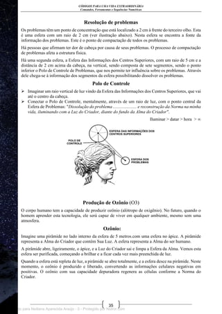 CÓDIGOS PARA UMA VIDA EXTRAORDINÁRIA
Comandos, Ferramentas e Sequências Numéricas
35
Resolução de problemas
Os problemas têm um ponto de concentração que está localizado a 2 cm à frente do terceiro olho. Esta
é uma esfera com um raio de 2 cm (ver ilustração abaixo). Nesta esfera se encontra a fonte da
informação dos problemas. Este é o ponto de compactação de todos os problemas.
Há pessoas que afirmam ter dor de cabeça por causa de seus problemas. O processo de compactação
de problemas afeta a estrutura física.
Há uma segunda esfera, a Esfera das Informações dos Centros Superiores, com um raio de 5 cm e a
distância de 2 cm acima da cabeça, na vertical, sendo composta de sete segmentos, sendo o ponto
inferior o Polo de Controle de Problemas, que nos permite ter influência sobre os problemas. Através
dele chega-se à informação dos segmentos da esfera possibilitando dissolver os problemas.
Polo de Controle
 Imaginar um raio vertical de luz vindo da Esfera das Informações dos Centros Superiores, que vai
até o centro da cabeça.
 Conectar o Polo de Controle, mentalmente, através de um raio de luz, com o ponto central da
Esfera de Problemas: "Dissolução do problema ..................... e reconstrução da Norma na minha
vida, iluminando com a Luz do Criador, diante do fundo da Alma do Criador".
Iluminar > datar > hora > ∞
Produção de Ozônio (O3)
O corpo humano tem a capacidade de produzir ozônio (alótropo de oxigênio). No futuro, quando o
homem aprender esta tecnologia, ele será capaz de viver em qualquer ambiente, mesmo sem uma
atmosfera.
Ozônio:
Imagine uma pirâmide no lado interno da esfera de 5 metros.com uma esfera no ápice. A pirâmide
representa a Alma do Criador que contém Sua Luz. A esfera representa a Alma do ser humano.
A pirâmide abre, ligeiramente, o ápice, e a Luz do Criador sai e limpa a Esfera da Alma. Vemos esta
esfera ser purificada, começando a brilhar e a ficar cada vez mais preenchida de luz.
Quando a esfera está repleta de luz, a pirâmide se abre totalmente, e a esfera desce na pirâmide. Neste
momento, o ozônio é produzido e liberado, convertendo as informações celulares negativas em
positivas. O ozônio com sua capacidade depuradora regenera as células conforme a Norma do
Criador.
Licenciado para Neiliana Aparecida Araújo - 0 - Protegido por Nutror.com
 