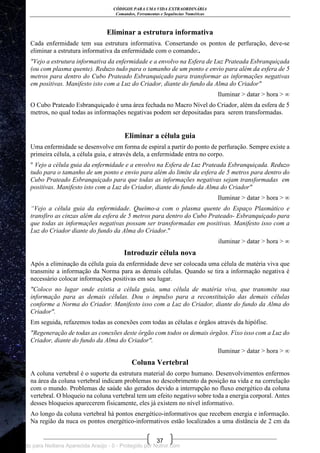CÓDIGOS PARA UMA VIDA EXTRAORDINÁRIA
Comandos, Ferramentas e Sequências Numéricas
37
Eliminar a estrutura informativa
Cada enfermidade tem sua estrutura informativa. Consertando os pontos de perfuração, deve-se
eliminar a estrutura informativa da enfermidade com o comando:.
"Vejo a estrutura informativa da enfermidade e a envolvo na Esfera de Luz Prateada Esbranquiçada
(ou com plasma quente). Reduzo tudo para o tamanho de um ponto e envio para além da esfera de 5
metros para dentro do Cubo Prateado Esbranquiçado para transformar as informações negativas
em positivas. Manifesto isto com a Luz do Criador, diante do fundo da Alma do Criador"
Iluminar > datar > hora > ∞
O Cubo Prateado Esbranquiçado é uma área fechada no Macro Nível do Criador, além da esfera de 5
metros, no qual todas as informações negativas podem ser depositadas para serem transformadas.
Eliminar a célula guia
Uma enfermidade se desenvolve em forma de espiral a partir do ponto de perfuração. Sempre existe a
primeira célula, a célula guia, e através dela, a enfermidade entra no corpo.
" Vejo a célula guia da enfermidade e a envolvo na Esfera de Luz Prateada Esbranquiçada. Reduzo
tudo para o tamanho de um ponto e envio para além do limite da esfera de 5 metros para dentro do
Cubo Prateado Esbranquiçado para que todas as informações negativas sejam transformadas em
positivas. Manifesto isto com a Luz do Criador, diante do fundo da Alma do Criador"
Iluminar > datar > hora > ∞
“Vejo a célula guia da enfermidade. Queimo-a com o plasma quente do Espaço Plasmático e
transfiro as cinzas além da esfera de 5 metros para dentro do Cubo Prateado- Esbranquiçado para
que todas as informações negativas possam ser transformadas em positivas. Manifesto isso com a
Luz do Criador diante do fundo da Alma do Criador."
iluminar > datar > hora > ∞
Introduzir célula nova
Após a eliminação da célula guia da enfermidade deve ser colocada uma célula de matéria viva que
transmite a informação da Norma para as demais células. Quando se tira a informação negativa é
necessário colocar informações positivas em seu lugar.
"Coloco no lugar onde existia a célula guia, uma célula de matéria viva, que transmite sua
informação para as demais células. Dou o impulso para a reconstituição das demais células
conforme a Norma do Criador. Manifesto isso com a Luz do Criador, diante do fundo da Alma do
Criador".
Em seguida, refazemos todas as conexões com todas as células e órgãos através da hipófise.
"Regeneração de todas as conexões deste órgão com todos os demais órgãos. Fixo isso com a Luz do
Criador, diante do fundo da Alma do Criador".
Iluminar > datar > hora > ∞
Coluna Vertebral
A coluna vertebral é o suporte da estrutura material do corpo humano. Desenvolvimentos enfermos
na área da coluna vertebral indicam problemas no descobrimento da posição na vida e na correlação
com o mundo. Problemas de saúde são gerados devido a interrupção no fluxo energético da coluna
vertebral. O bloqueio na coluna vertebral tem um efeito negativo sobre toda a energia corporal. Antes
desses bloqueios aparecerem fisicamente, eles já existem no nível informativo.
Ao longo da coluna vertebral há pontos energético-informativos que recebem energia e informação.
Na região da nuca os pontos energético-informativos estão localizados a uma distância de 2 cm da
Licenciado para Neiliana Aparecida Araújo - 0 - Protegido por Nutror.com
 