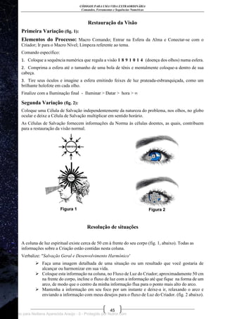 CÓDIGOS PARA UMA VIDA EXTRAORDINÁRIA
Comandos, Ferramentas e Sequências Numéricas
45
Restauração da Visão
Primeira Variação (fig. 1):
Elementos do Processo: Macro Comando; Entrar na Esfera da Alma e Conectar-se com o
Criador; Ir para o Macro Nível; Limpeza referente ao tema.
Comando específico:
1. Coloque a sequência numérica que regula a visão 1 8 9 1 0 1 4 (doença dos olhos) numa esfera.
2. Comprima a esfera até o tamanho de uma bola de tênis e mentalmente coloque-a dentro de sua
cabeça.
3. Tire seus óculos e imagine a esfera emitindo feixes de luz prateada-esbranquiçada, como um
brilhante holofote em cada olho.
Finalize com a Iluminação final - Iluminar > Datar > hora > ∞
Segunda Variação (fig. 2):
Coloque uma Célula de Salvação independentemente da natureza do problema, nos olhos, no globo
ocular e deixe a Célula de Salvação multiplicar em sentido horário.
As Células de Salvação fornecem informações da Norma às células doentes, as quais, contribuem
para a restauração da visão normal.
Resolução de situações
A coluna de luz espiritual existe cerca de 50 cm à frente do seu corpo (fig. 1, abaixo). Todas as
informações sobre a Criação estão contidas nesta coluna.
Verbalize: "Salvação Geral e Desenvolvimento Harmônico'
 Faça uma imagem detalhada de uma situação ou um resultado que você gostaria de
alcançar ou harmonizar em sua vida.
 Coloque esta informação na coluna, no Fluxo de Luz do Criador; aproximadamente 50 cm
na frente do corpo, incline o fluxo de luz com a informação até que fique na forma de um
arco, de modo que o centro da minha informação flua para o ponto mais alto do arco.
 Mantenha a informação em seu foco por um instante e deixe-a ir, relaxando o arco e
enviando a informação com meus desejos para o fluxo de Luz do Criador. (fig. 2 abaixo).
Licenciado para Neiliana Aparecida Araújo - 0 - Protegido por Nutror.com
 