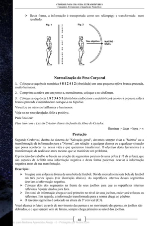 CÓDIGOS PARA UMA VIDA EXTRAORDINÁRIA
Comandos, Ferramentas e Sequências Numéricas
46
 Desta forma, a informação é transportada como um relâmpago e transformada num
resultado.
Normalização do Peso Corporal
1. Coloque a sequência numérica 4 8 1 2 4 1 2 (obesidade) em uma pequena esfera branca prateada,
muito luminosa.
2. Comprima a esfera em um ponto e, mentalmente, coloque-a no abdômen.
3. Coloque a sequência 1 8 2 3 4 5 1 (distúrbios endócrinos e metabólicos) em outra pequena esfera
branca prateada e mentalmente coloque-a na hipófise.
Visualize os números brilhantes e luminosos.
Veja-se no peso desejado, feliz e positivo.
Para finalizar:
Fixo isso com a Luz do Criador diante do fundo da Alma do Criador.
Iluminar > datar > hora > ∞
Proteção
Segundo Grabovoi, dentro do sistema de "Salvação geral", devemos sempre visar a "Norma" ou a
transformação da informação para a "Norma", em relação a qualquer doença ou a qualquer situação
que possa acontecer na nossa vida e que queremos transformar. O objetivo desta ferramenta é a
transformação da realidade antes mesmo que se manifeste um problema.
O princípio do trabalho se baseia na criação de segmentos parciais de uma esfera (1/3 da esfera), que
são capazes de defletir uma informação negativa e desta forma podemos desviar a informação
negativa antes da sua manifestação.
Descrição:
 Imagine uma esfera na forma de uma bola de futebol. Divida mentalmente esta bola de futebol
em três partes iguais (ver ilustração abaixo). As superfícies internas desses segmentos
desviam a informação negativa.
 Coloque dois dos segmentos na frente de seus joelhos para que as superfícies internas
refletoras fiquem viradas para fora.
 Um sinal de informação chega a você primeiro no nível de seus joelhos, onde você colocou os
refletores. Em seguida, a informação transformada para a norma chega ao cérebro.
 O terceiro segmento é colocado na altura da 3ª cervical (C3).
Você alcança o futuro através do movimento das pernas e no movimento das pernas, os joelhos são
dobrados, e o que sempre vem do futuro, sempre chega primeiro ao nível dos joelhos.
Licenciado para Neiliana Aparecida Araújo - 0 - Protegido por Nutror.com
 