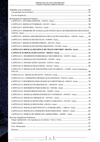 CÓDIGOS PARA UMA VIDA EXTRAORDINÁRIA
Comandos, Ferramentas e Sequências Numéricas
4
Trabalhar com os números.................................................................................................................54
Concentração em um número...................................................................................................................... 55
Uso das Sequências ..................................................................................................................................... 56
Restauração do organismo humano ...................................................................................................58
CAPÍTULO 1. ESTADOS CRÍTICOS - 1258912- Geral.......................................................................... 58
CAPÍTULO 2. DOENÇAS TUMORAIS - 8214351 - Geral ...................................................................... 58
CAPÍTULO 3. SEPTICEMIA - 58143212 - Geral ..................................................................................... 59
CAPÍTULO 4. SÍNDROME DE COAGULAÇÃO INTRAVASCULAR DISSEMINADA DO SANGUE -
5148142 - Geral........................................................................................................................................... 59
CAPÍTULO 5. DOENÇA DOS ÓRGÃOS DA CIRCULAÇÃO SANGUÍNEA - 1289435 - Geral.......... 59
CAPÍTULO 6. DOENÇAS REUMÁTICAS - 8148888 - Geral ................................................................. 60
CAPÍTULO 7. DOENÇAS RESPIRATÓRIAS - 5823214 - Geral ............................................................ 61
CAPÍTULO 8. DOENÇAS DO SISTEMA DIGESTIVO - 5321482 - Geral............................................. 61
CAPÍTULO 9. DOENÇAS DOS RINS E DO TRATO URINÁRIO - 8941254 - Geral...................... 64
CAPÍTULO 10. DOENÇAS DO SANGUE - 1843214 - Geral............................................................... 64
CAPÍTULO 11. DESORDENS ENDÓCRINAS E METABÓLICAS - 1823451 - Geral.......................... 65
CAPÍTULO 12. DOENÇAS OCUPACIONAIS - 4185481 - Geral ........................................................... 65
CAPÍTULO 13. INTOXICAÇÕES AGUDAS - 4185412 - Geral.............................................................. 66
CAPÍTULO 14. DOENÇAS INFECCIOSAS - 5421427 - Geral ............................................................... 66
CAPÍTULO 15. DOENÇAS DE INSUFICIÊNCIA DE VITAMINAS - 1234895 - Geral Avitaminoses -
5451234....................................................................................................................................................... 68
CAPÍTULO 16.1. DOENÇAS INFANTIS - 18543218 - Geral.................................................................. 68
CAPÍTULO 16.2. CONDIÇÕES CIRÚRGICAS NA INFÂNCIA- 5182314 - Geral................................ 70
CAPÍTULO 17 DESORDENS GINECOLÓGICAS E OBSTÉTRICAS- 1489145 - Geral....................... 70
CAPÍTULO 18. DOENÇAS NEUROLÓGICAS - 148543293 - Geral...................................................... 72
CAPÍTULO 19. DESORDENS PSIQUIÁTRICAS - 8345444 - Geral....................................................... 73
CAPÍTULO 20. TRANSTORNOS SEXUAIS - 1456891 - Geral.............................................................. 74
CAPÍTULO 21. DOENÇAS DERMATOLÓGICAS E VENÉREAS - 18584321 - Geral......................... 74
CAPÍTULO 22. DOENÇAS CIRÚRGICAS - 18574321 - Geral............................................................... 75
CAPÍTULO 23. DOENÇAS DO OUVIDO, NARIZ E GARGANTA - 1851432 - Geral.......................... 78
CAPÍTULO 24. DOENÇAS DOS OLHOS -1891014 - Geral.................................................................... 79
CAPÍTULO 25. DOENÇAS DOS DENTES E CAVIDADE ORAL - 1488514 - Geral............................ 80
CAPÍTULO 26. DOENÇAS E CONDIÇÕES DESCONHECIDAS - 1884321 - Geral............................. 81
CAPÍTULO 27. ÍNDICES DE NORMA DE LABORATÓRIO - 1489991 – Geral –................................ 82
Diversas Sequências Numéricas ........................................................................................................97
Chegar rapidamente e em segurança ao seu destino - Carro e Avião.......................................................... 97
Corpo estranho............................................................................................................................................. 97
Cura / Restauração....................................................................................................................................... 97
Diversos....................................................................................................................................................... 98
Licenciado para Neiliana Aparecida Araújo - 0 - Protegido por Nutror.com
 